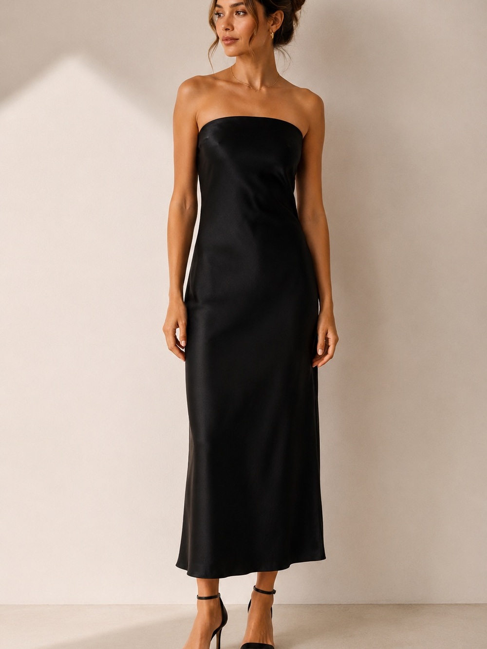 NWT Express Black Satin Strapless Midi  Dress XS slightly Draped Side $78
